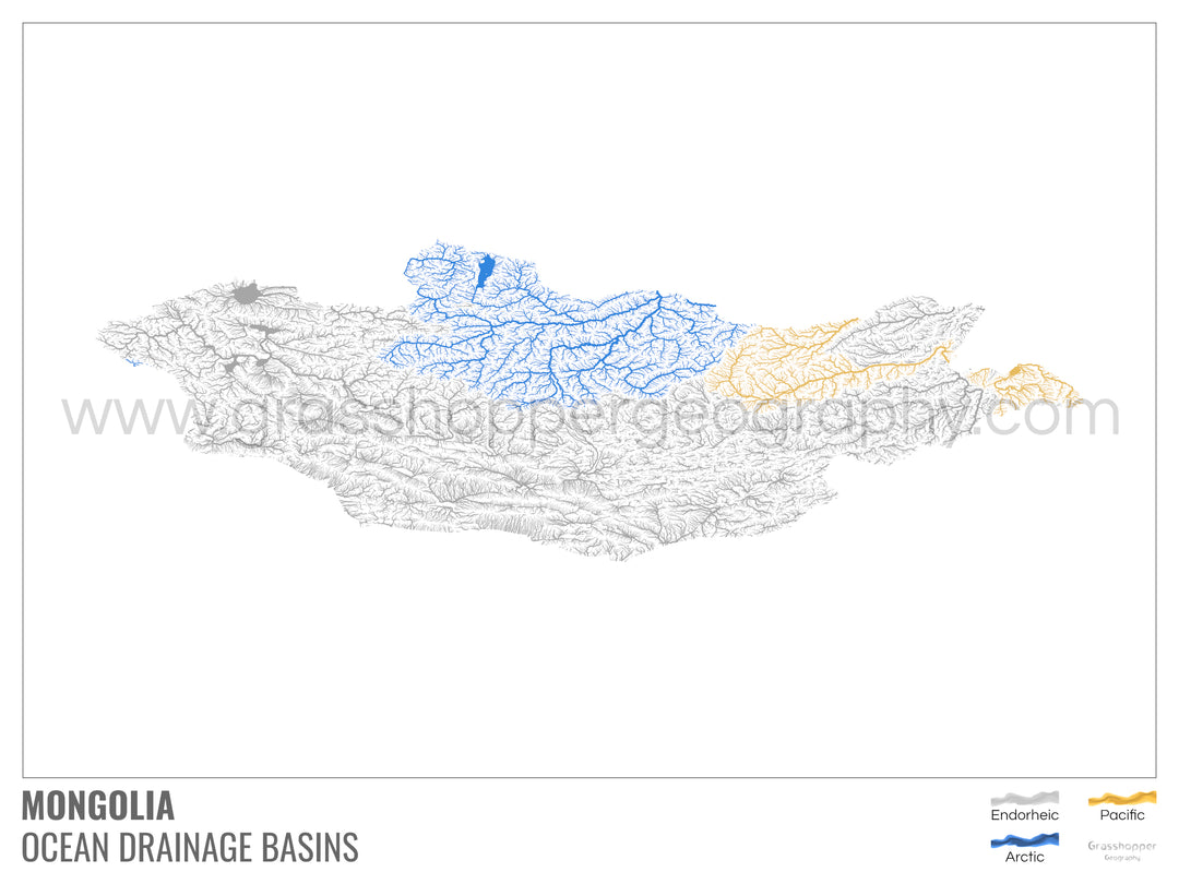 Mongolia - Mapa de la cuenca hidrográfica del océano, blanco con leyenda v1 - Impresión artística con colgador