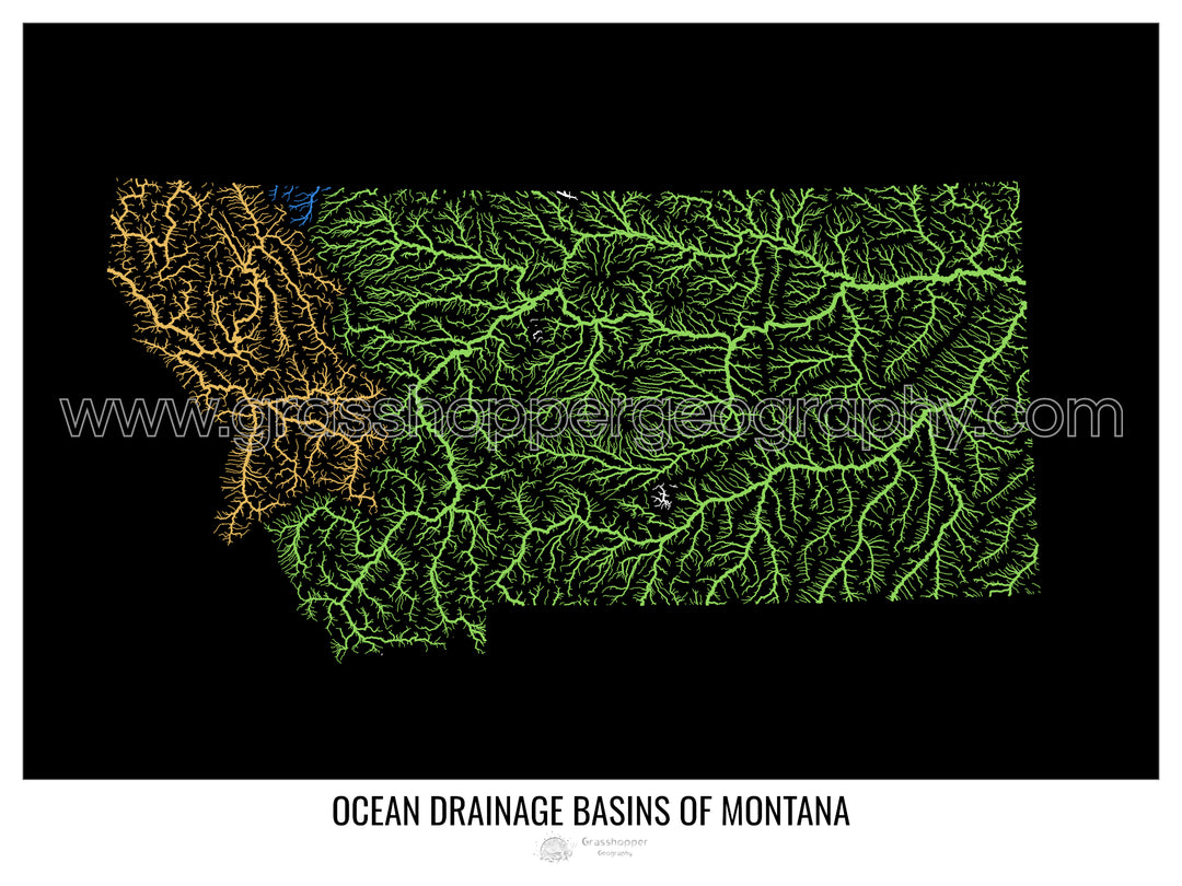 Montana - Mapa de la cuenca hidrográfica del océano, negro v1 - Impresión artística con colgador