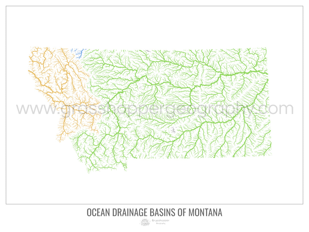 Montana - Mapa de la cuenca de drenaje oceánico, blanco v1 - Lámina enmarcada