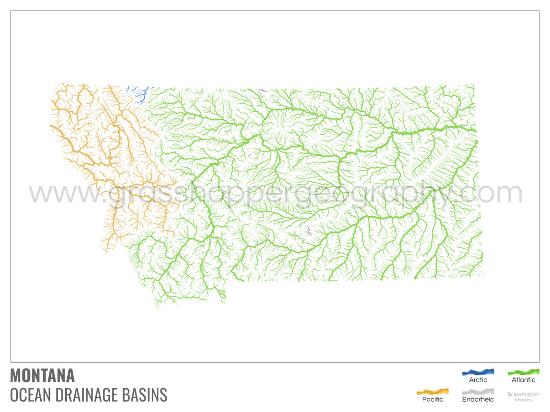 Montana - Mapa da bacia de drenagem oceânica, branco com legenda v1 - Impressão de belas artes com cabide