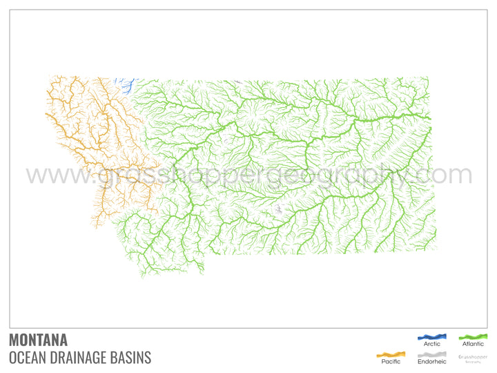 Montana - Mapa de la cuenca hidrográfica del océano, blanco con leyenda v1 - Impresión artística con colgador