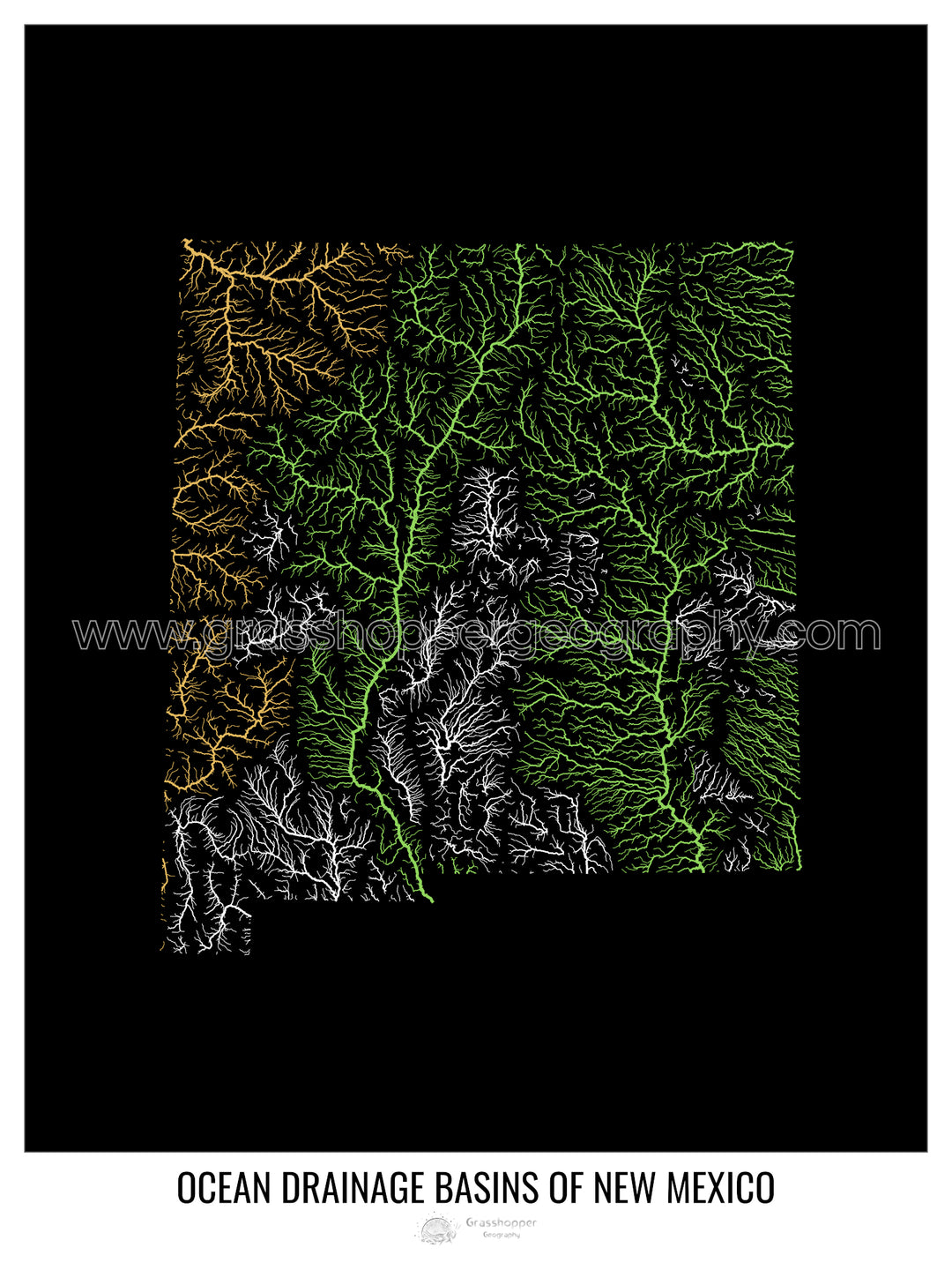 Nuevo México - Mapa de la cuenca de drenaje oceánico, negro v1 - Impresión de bellas artes con percha