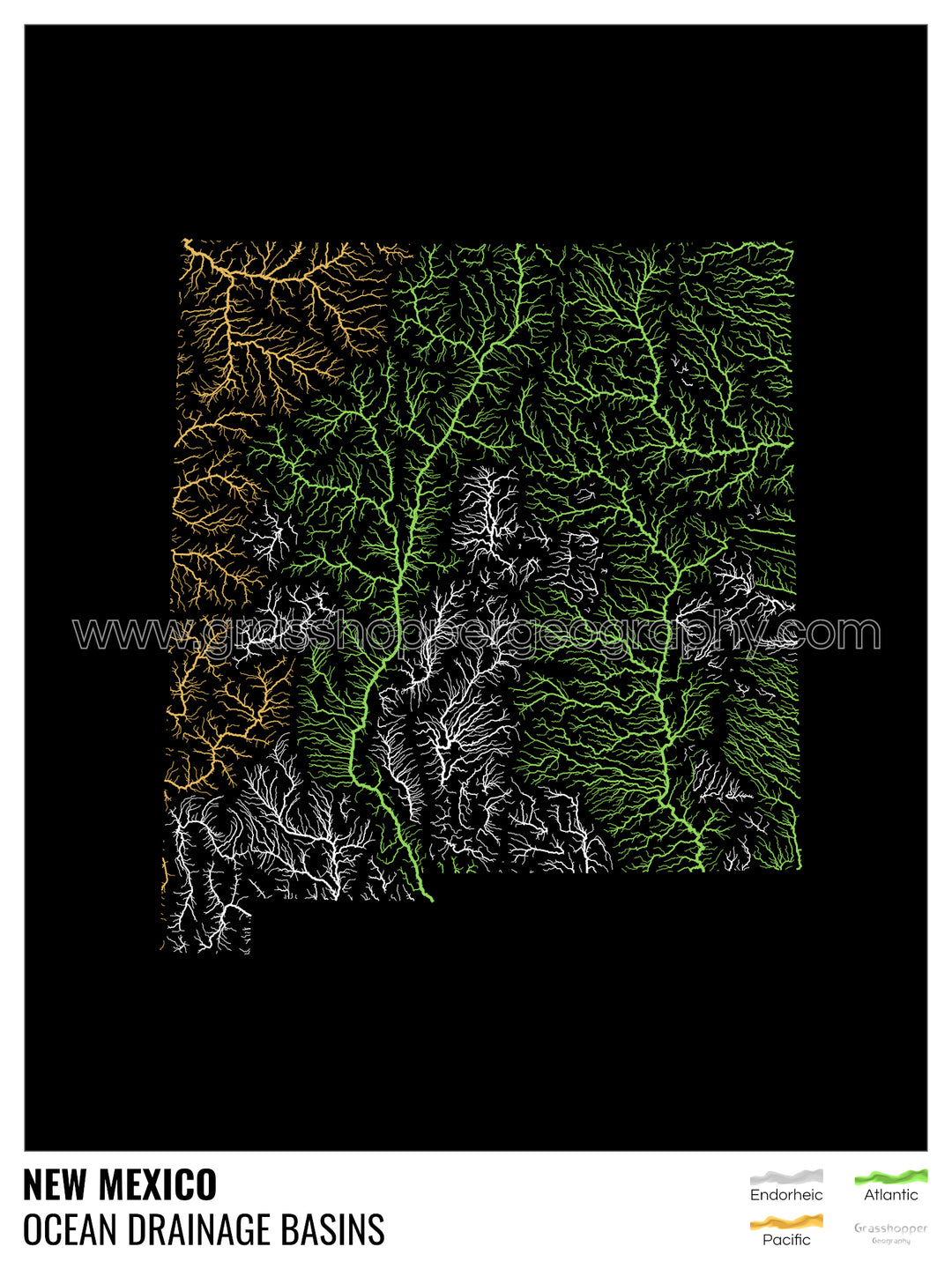Nouveau-Mexique - Carte du bassin versant océanique, noire avec légende v1 - Tirage d'art avec cintre