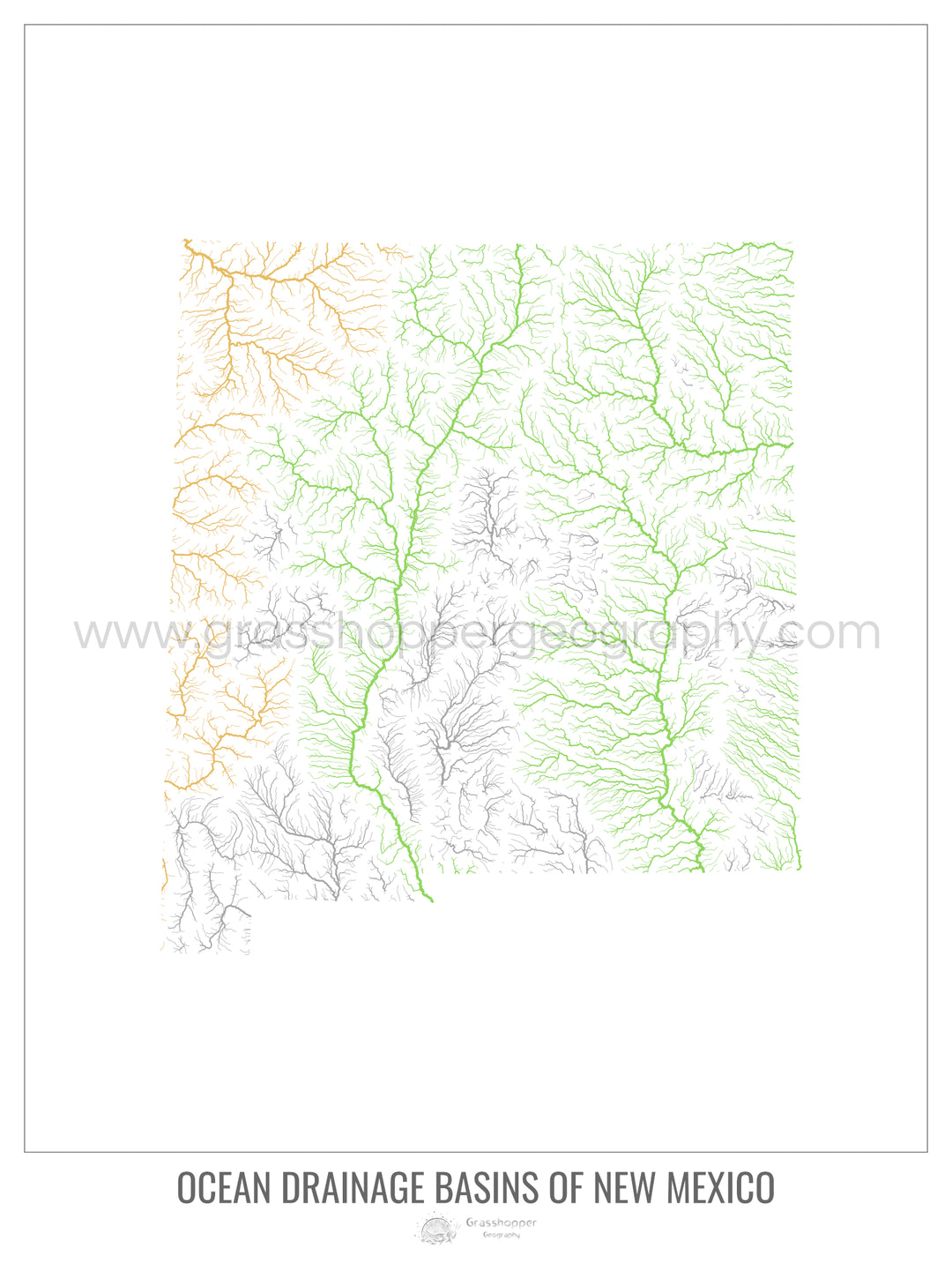 Nuevo México - Mapa de la cuenca de drenaje oceánico, blanco v1 - Impresión artística con percha