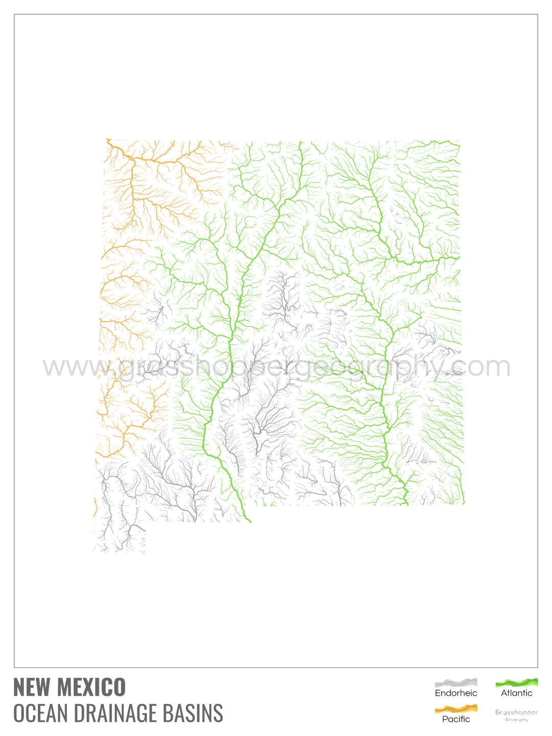 Nouveau-Mexique - Carte du bassin versant océanique, blanche avec légende v1 - Impression encadrée