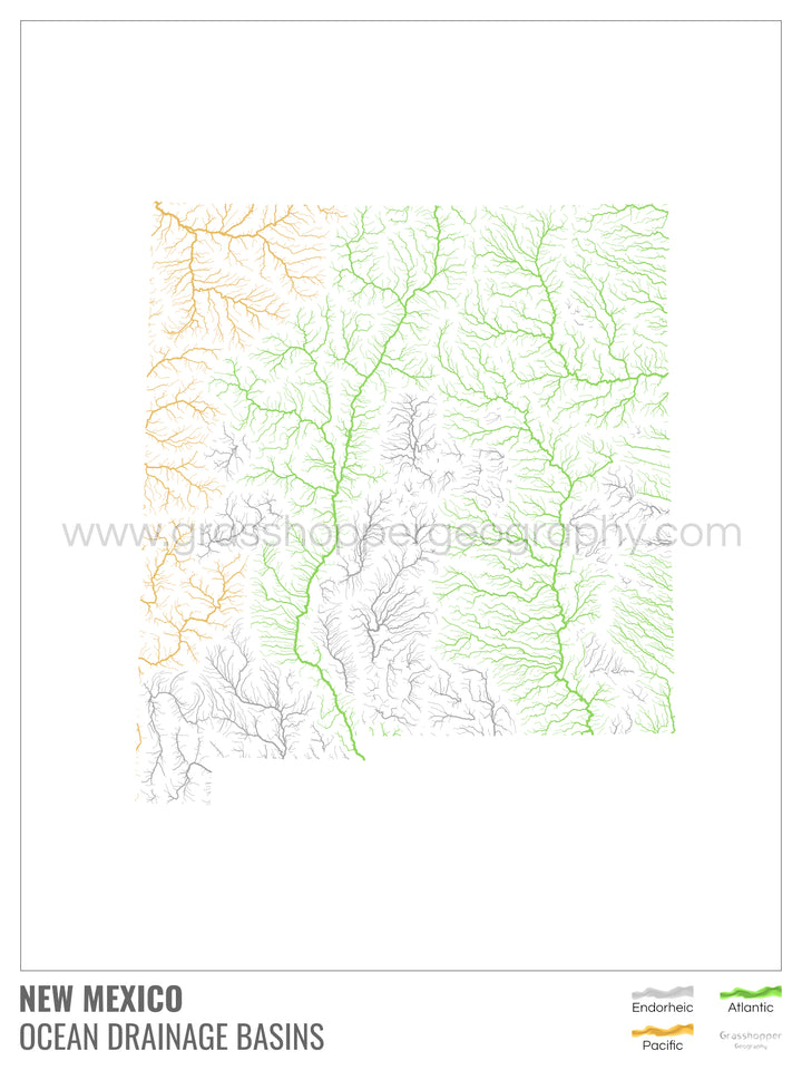 Nouveau-Mexique - Carte du bassin versant océanique, blanche avec légende v1 - Impression encadrée