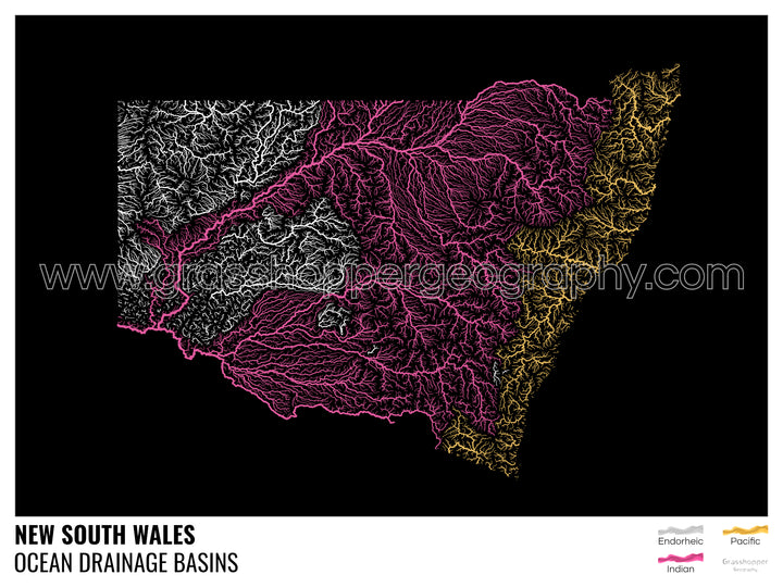 Nueva Gales del Sur - Mapa de la cuenca hidrográfica del océano, negro con leyenda v1 - Impresión artística con colgador