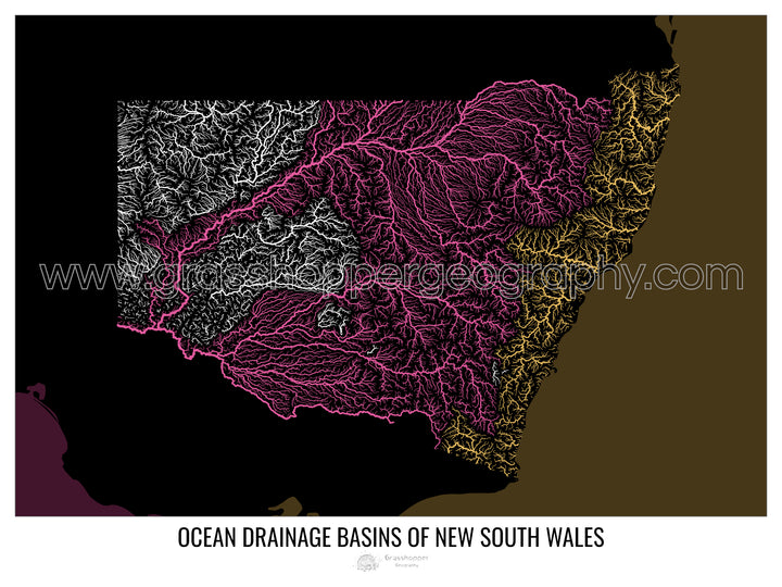Nueva Gales del Sur - Mapa de la cuenca hidrográfica del océano, negro v2 - Impresión artística con colgador