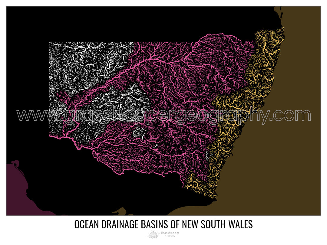 New South Wales - Ocean drainage basin map, black v2 - Fine Art Print with Hanger