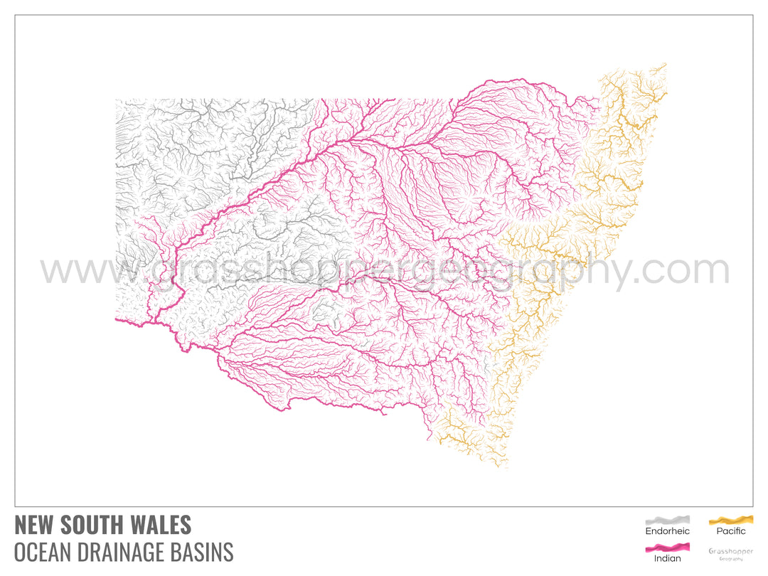 Nouvelle-Galles du Sud - Carte du bassin versant océanique, blanche avec légende v1 - Tirage d'art avec cintre