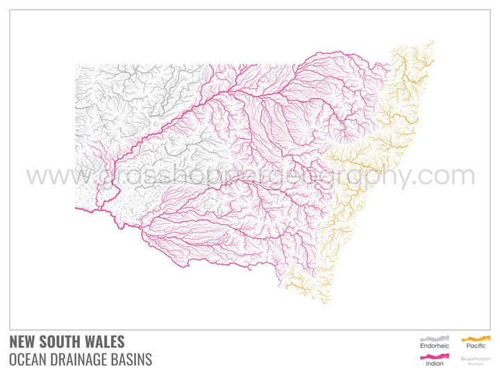 Nouvelle-Galles du Sud - Carte du bassin versant océanique, blanche avec légende v1 - Tirage d'art avec cintre