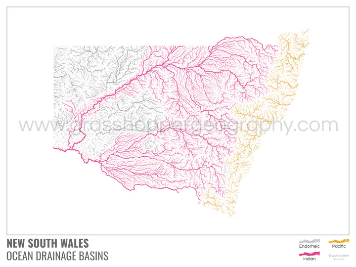 New South Wales - Ocean drainage basin map, white with legend v1 - Framed Print