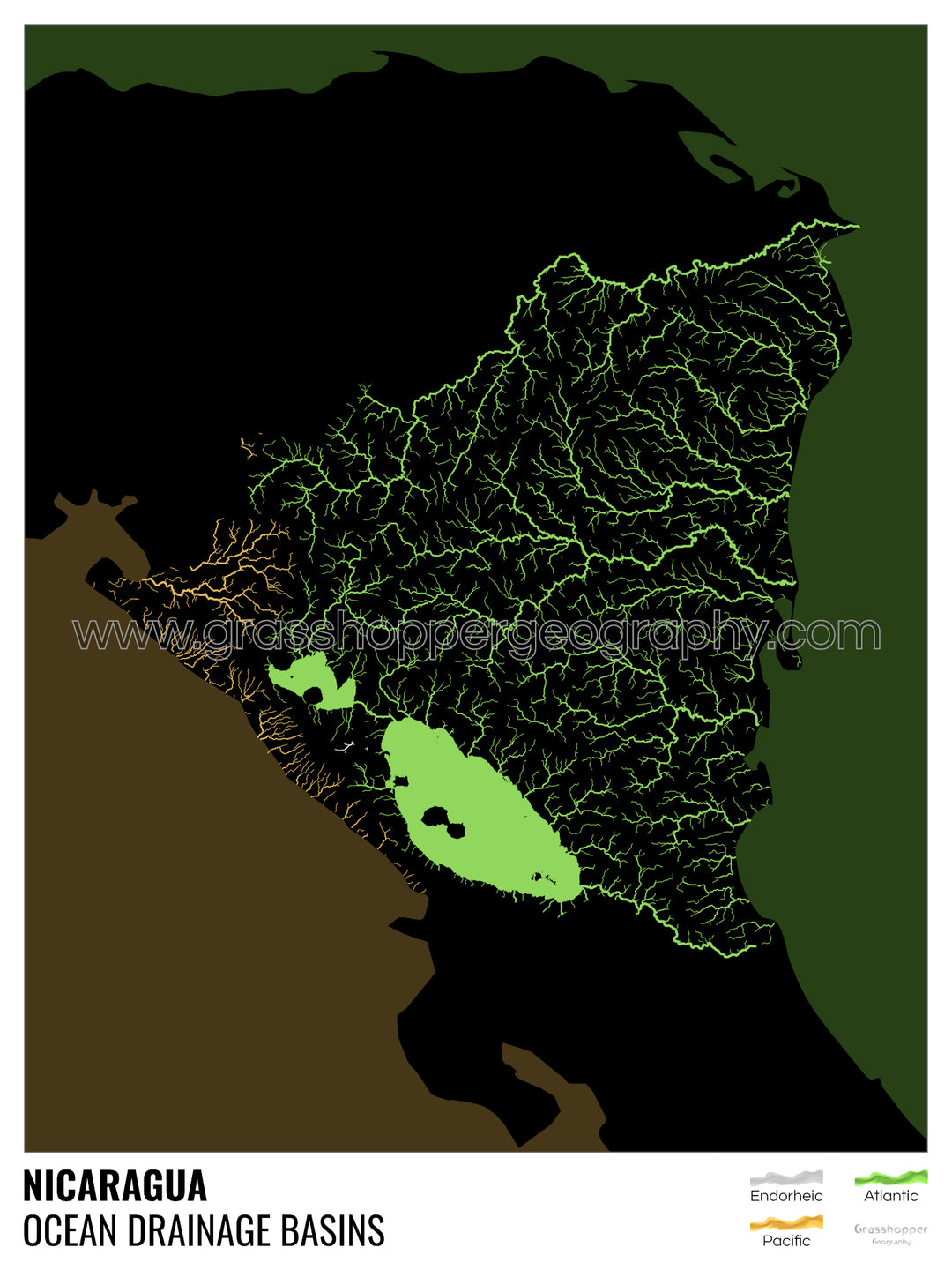Nicaragua - Mapa de la cuenca hidrográfica del océano, negro con leyenda v2 - Impresión artística con colgador
