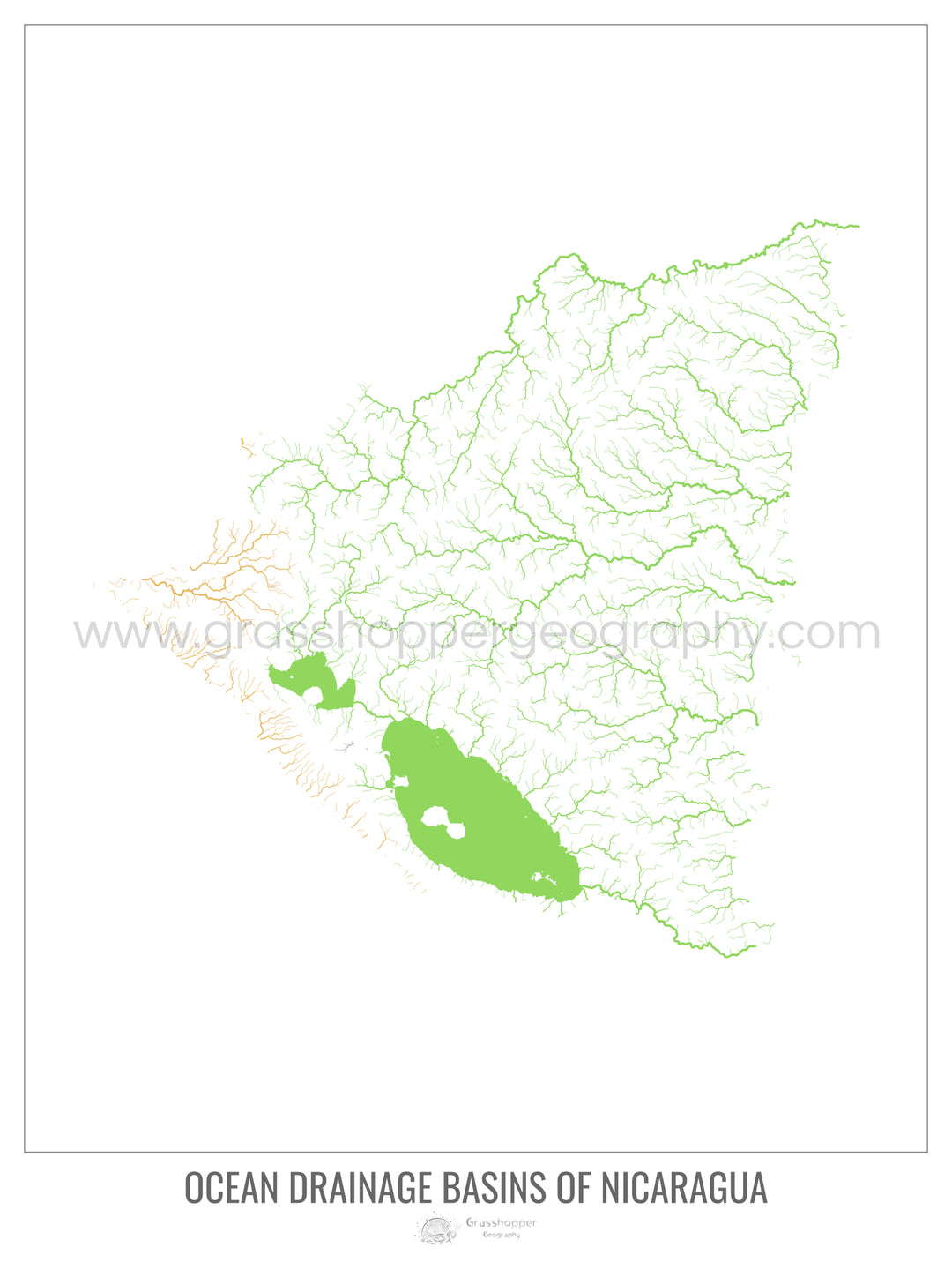 Nicarágua - Mapa da bacia de drenagem oceânica, branco v1 - Impressão de belas artes com cabide