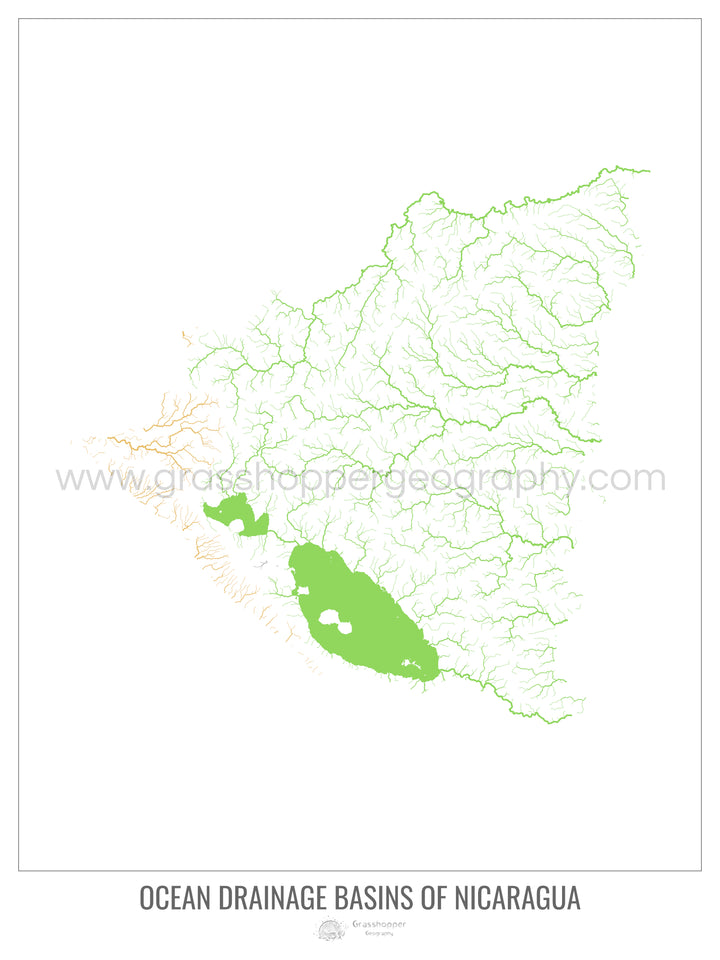 Nicarágua - Mapa da bacia de drenagem oceânica, branco v1 - Impressão de belas artes com cabide