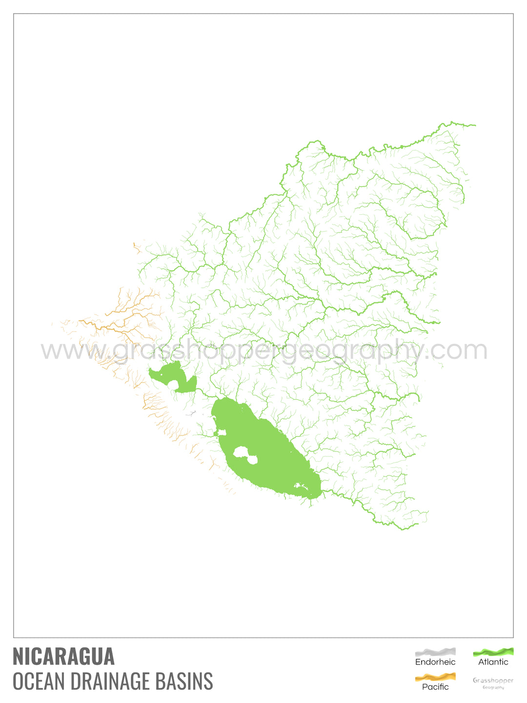 Nicaragua - Ocean drainage basin map, white with legend v1 - Framed Print
