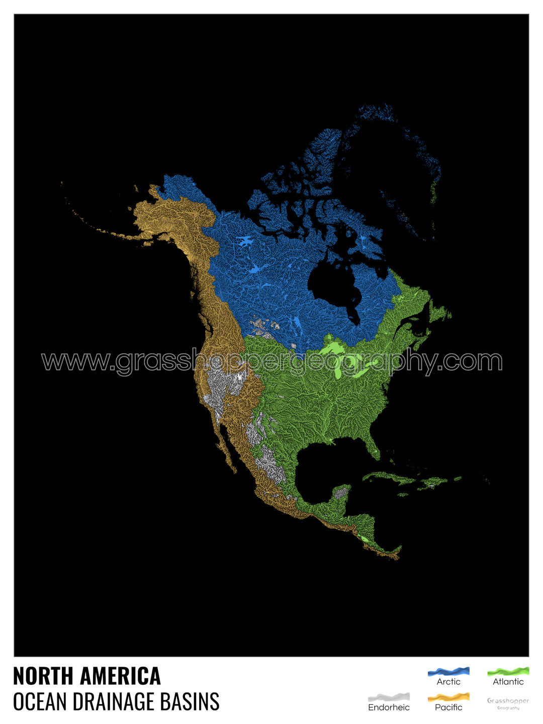 Amérique du Nord - Carte des bassins hydrographiques océaniques, noire avec légende v1 - Tirage d'art avec cintre
