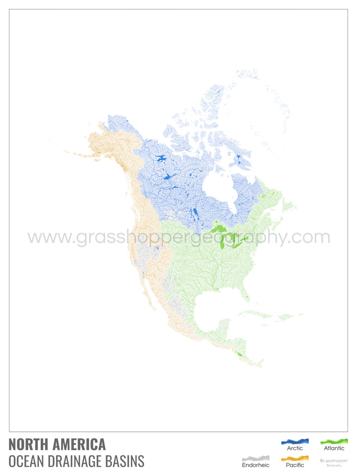 North America - Ocean drainage basin map, white with legend v1 - Fine Art Print with Hanger