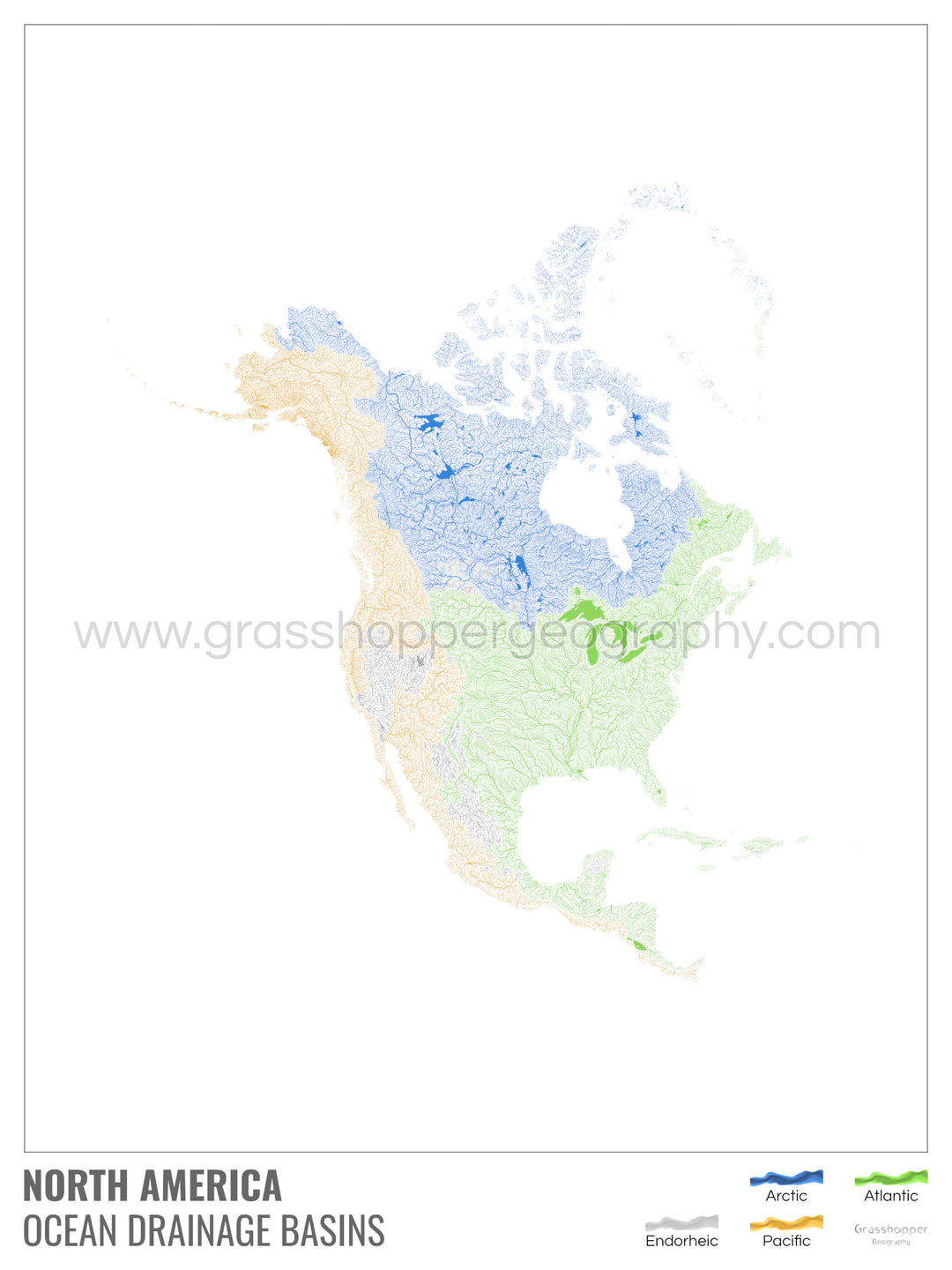 North America - Ocean drainage basin map, white with legend v1 - Framed Print
