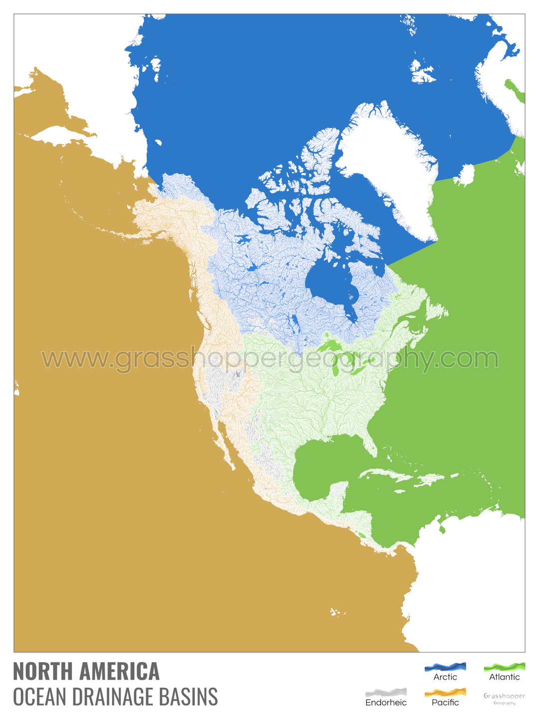 América del Norte - Mapa de la cuenca hidrográfica del océano, blanco con leyenda v2 - Impresión artística con colgador