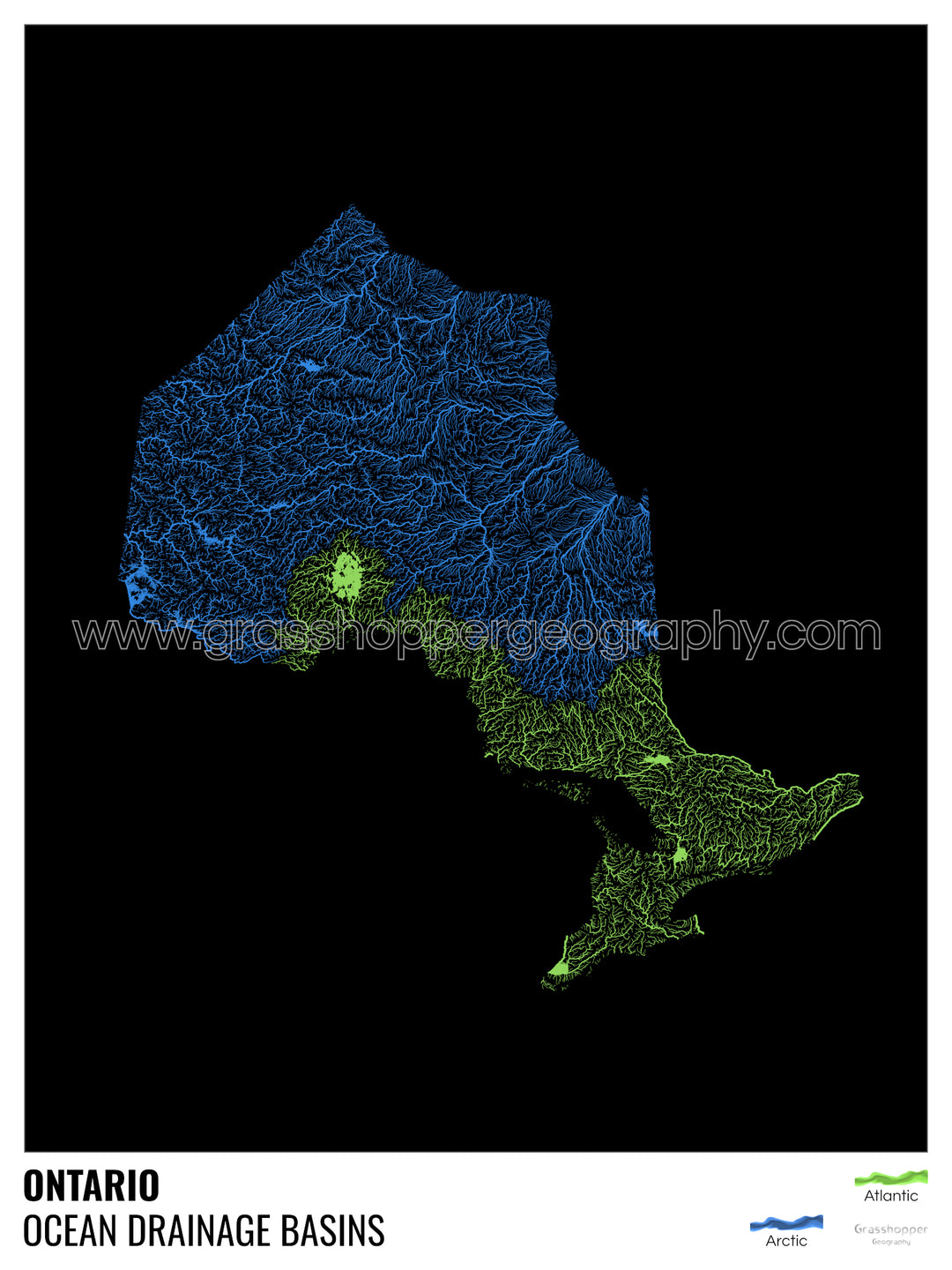 Ontario - Ocean drainage basin map, black with legend v1 - Framed Print