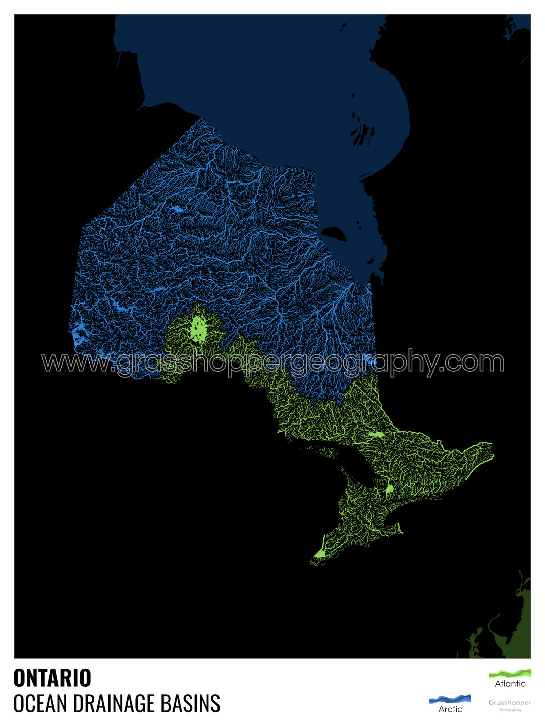 Ontario - Ocean drainage basin map, black with legend v2 - Framed Print