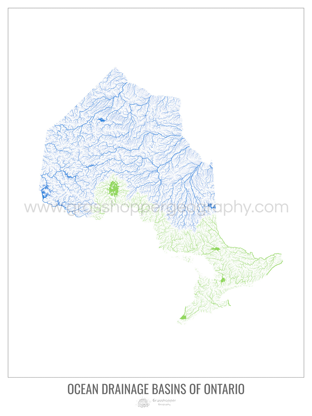 Ontario - Mapa de la cuenca hidrográfica del océano, blanco v1 - Impresión artística con colgador
