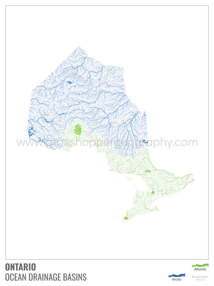 Ontario - Carte du bassin versant océanique, blanche avec légende v1 - Tirage d'art avec cintre