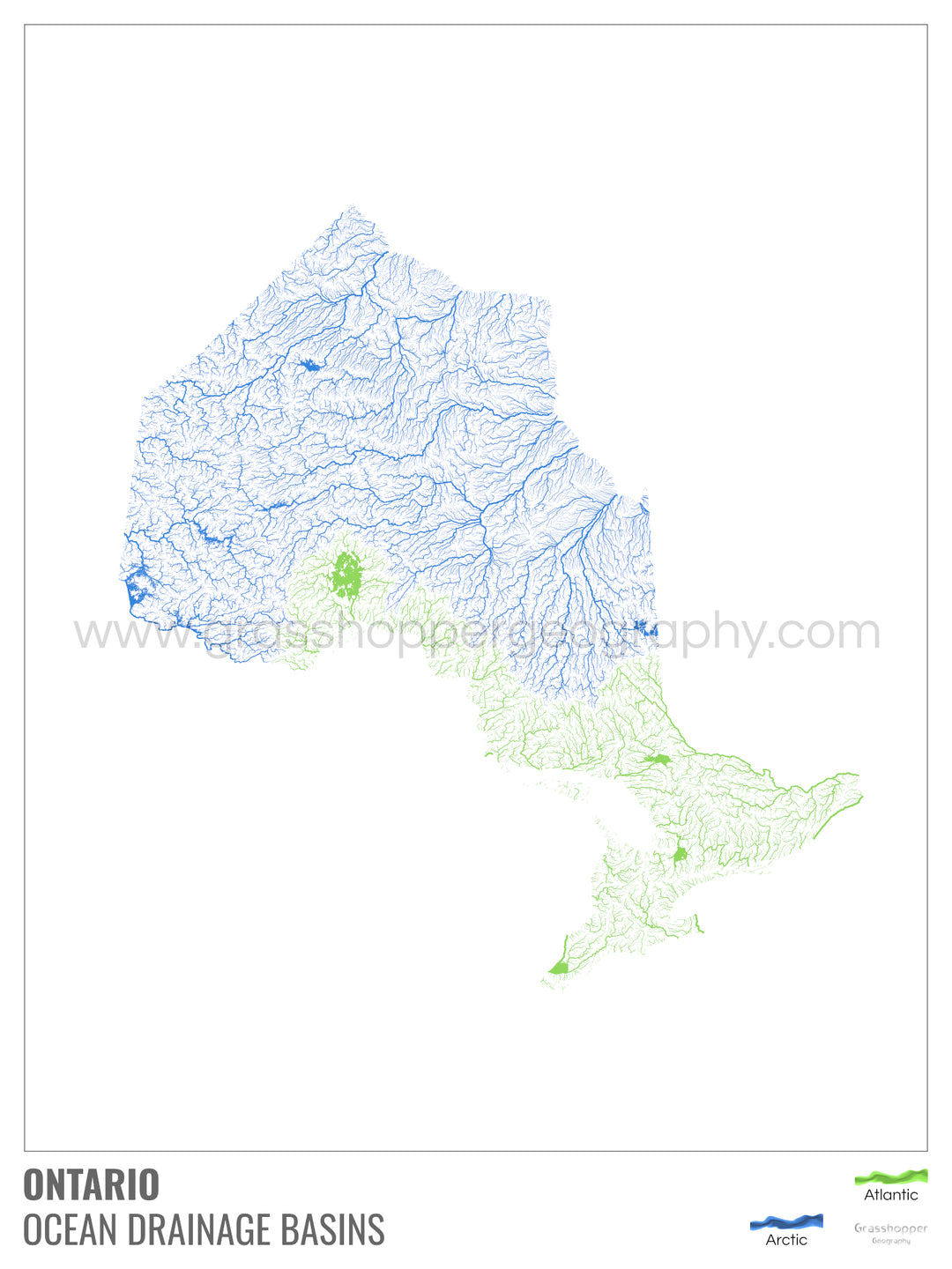 Ontario - Ocean drainage basin map, white with legend v1 - Framed Print