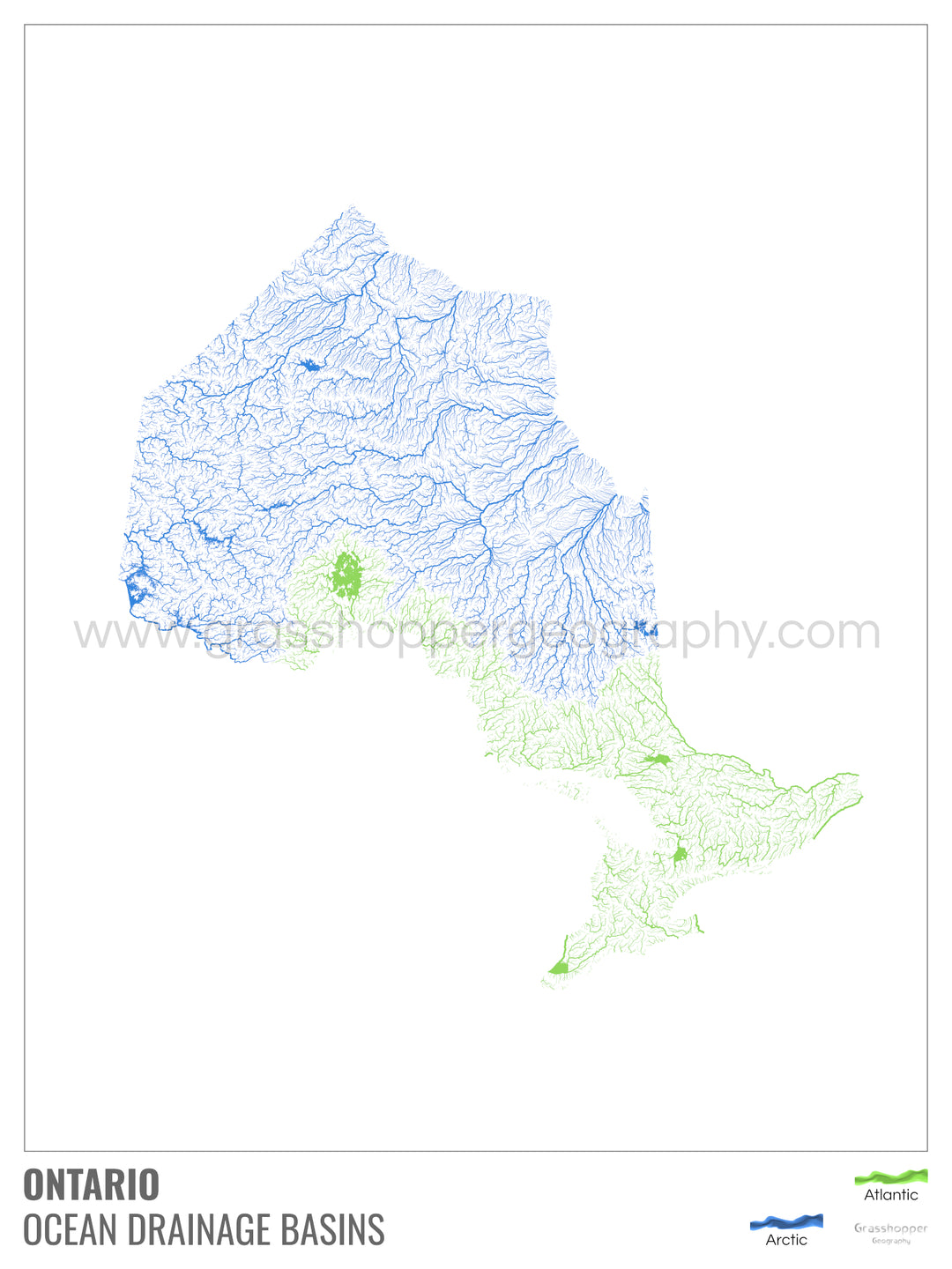 Ontario - Carte du bassin versant océanique, blanche avec légende v1 - Impression encadrée