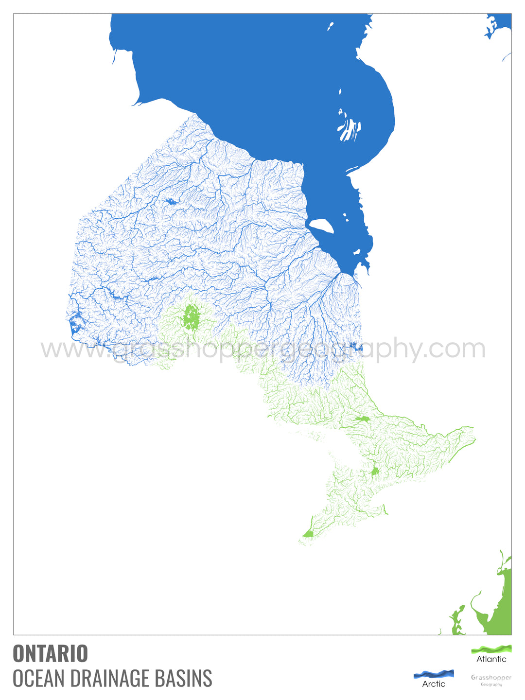 Ontario - Mapa de la cuenca de drenaje oceánico, blanco con leyenda v2 - Impresión artística con colgador