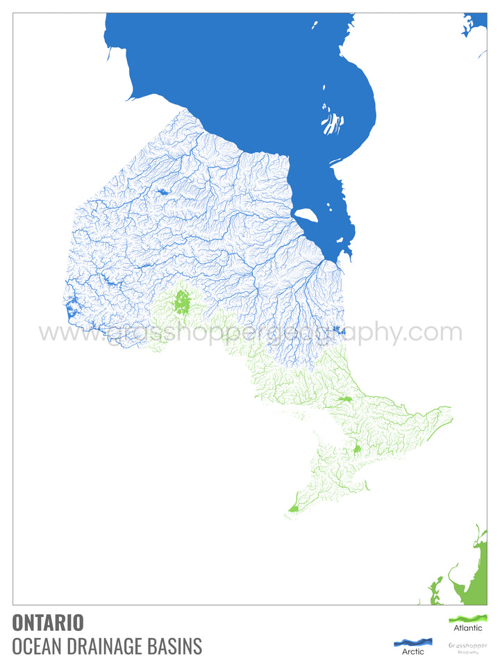 Ontario - Ocean drainage basin map, white with legend v2 - Framed Print