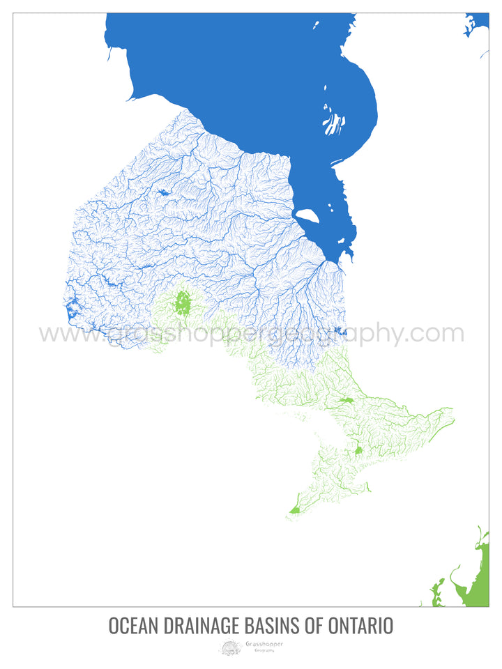 Ontario - Carte du bassin versant océanique, blanc v2 - Tirage d'art avec cintre