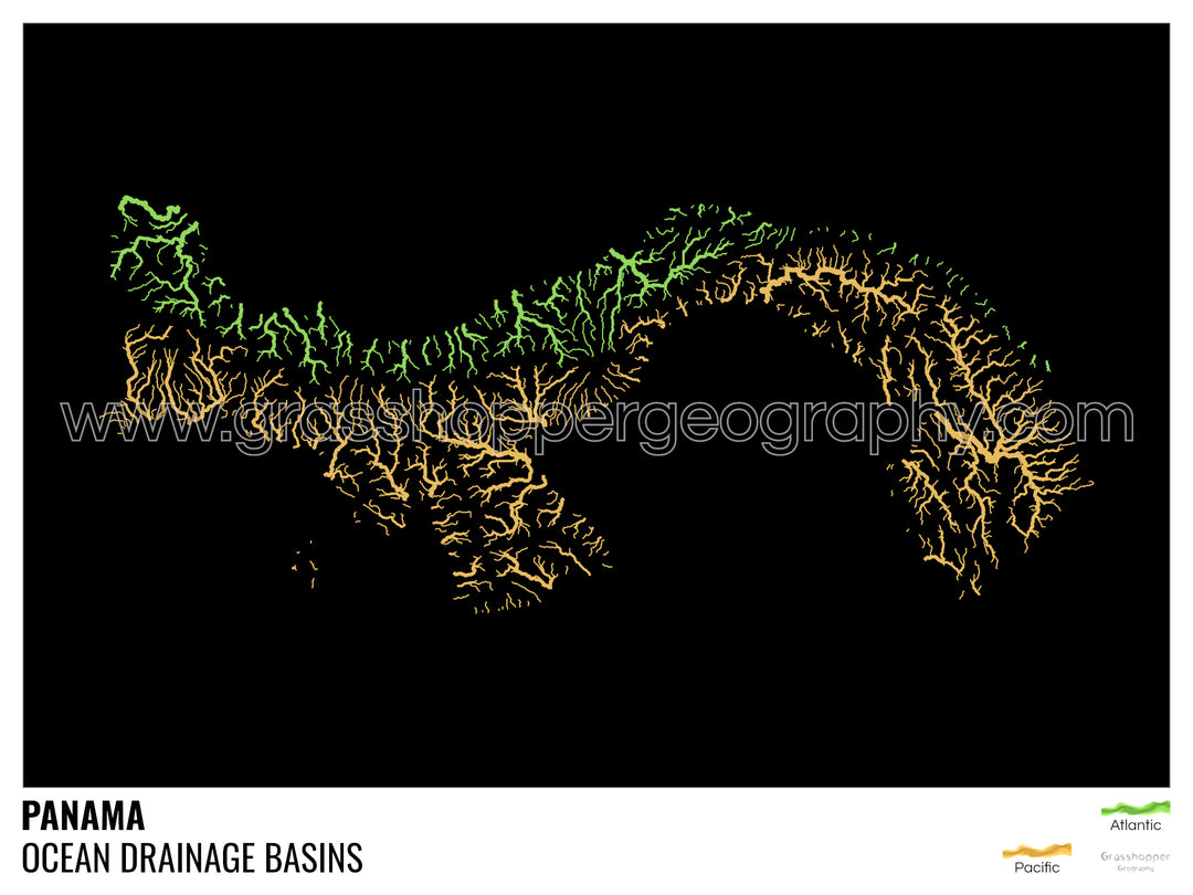 Panama - Ocean drainage basin map, black with legend v1 - Framed Print