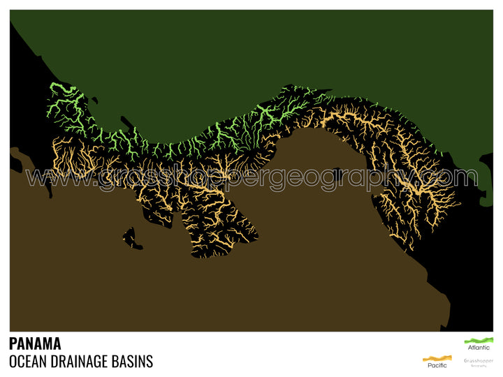 Panamá - Mapa de la cuenca hidrográfica del océano, negro con leyenda v2 - Impresión artística con colgador