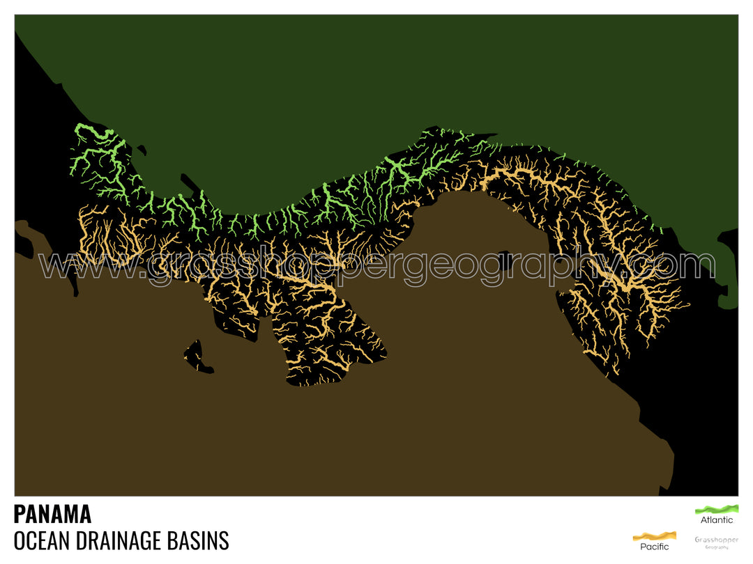 Panama - Ocean drainage basin map, black with legend v2 - Framed Print