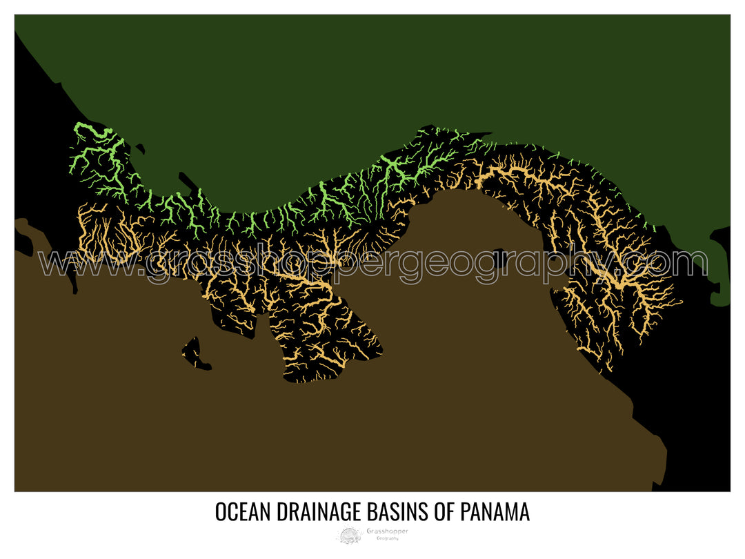 Panamá - Mapa de la cuenca hidrográfica del océano, negro v2 - Lámina enmarcada