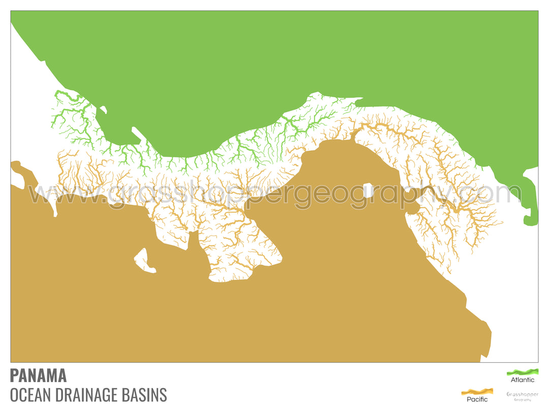 Panama - Carte du bassin versant océanique, blanche avec légende v2 - Tirage d'art avec cintre