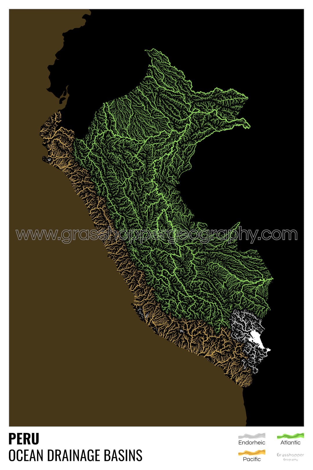 Perú - Mapa de la cuenca hidrográfica del océano, negro con leyenda v2 - Impresión artística con colgador
