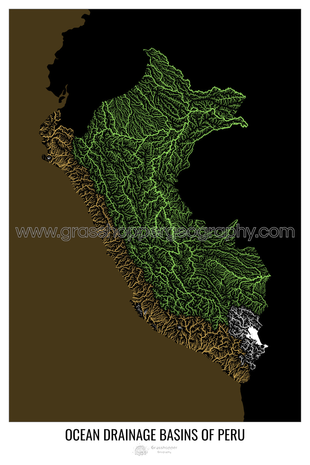 Pérou - Carte des bassins versants océaniques, noir v2 - Impression encadrée