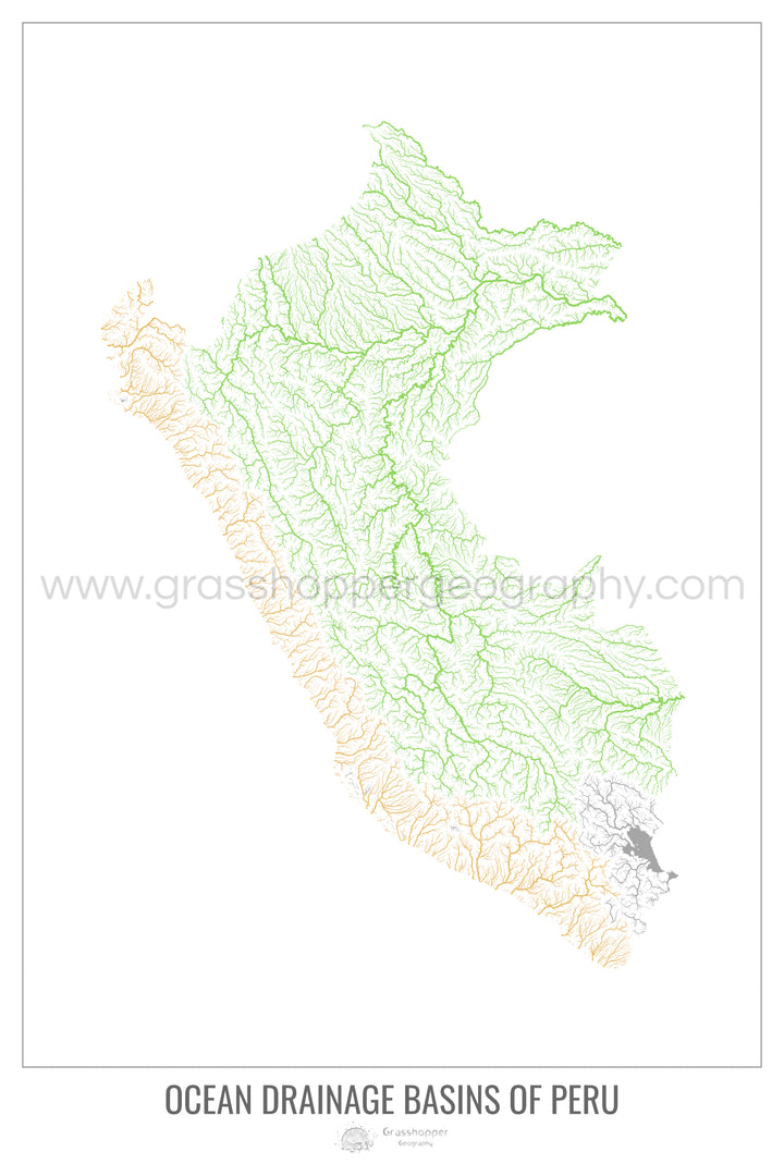 Perú - Mapa de la cuenca hidrográfica del océano, blanco v1 - Lámina enmarcada