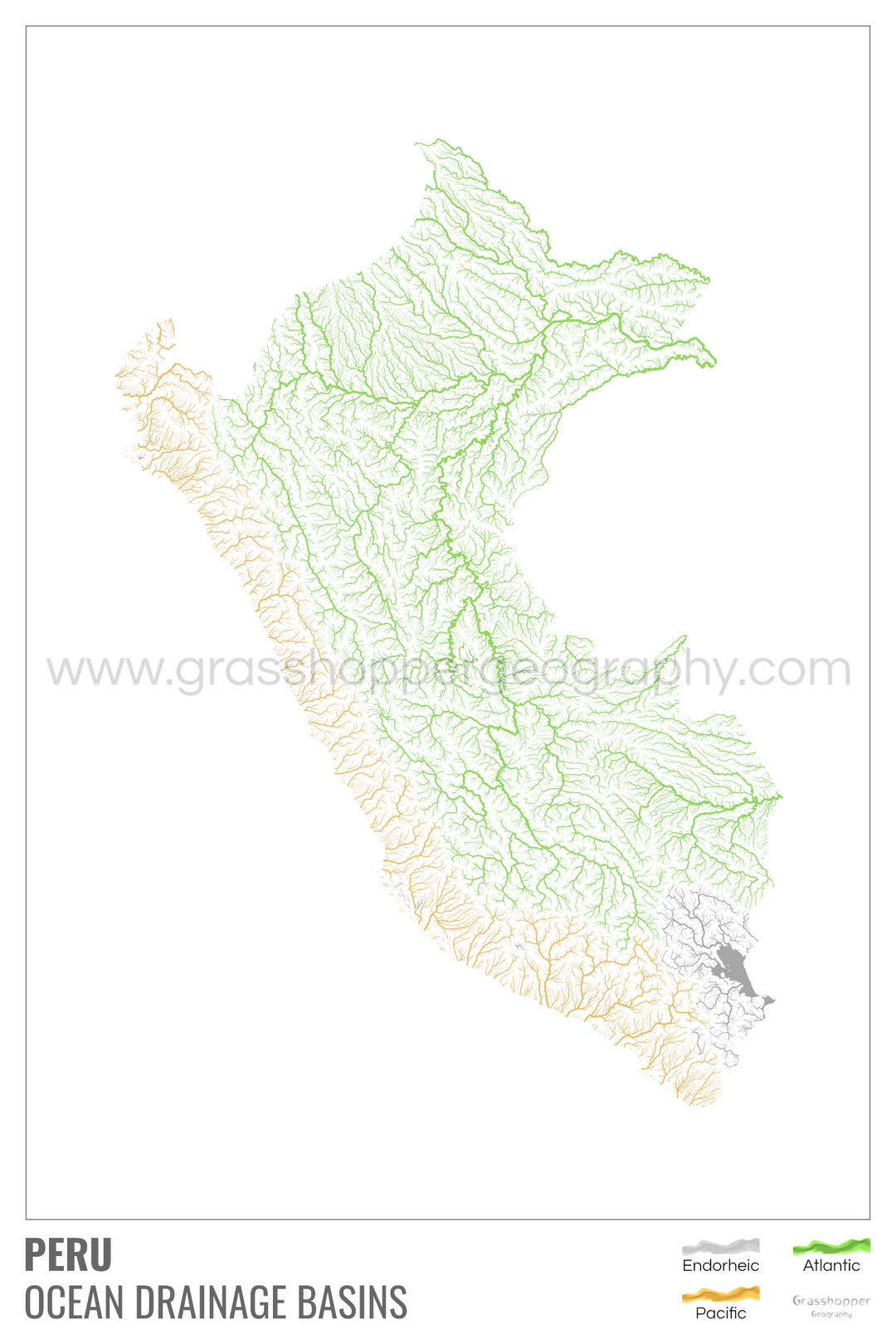 Peru - Ocean drainage basin map, white with legend v1 - Framed Print