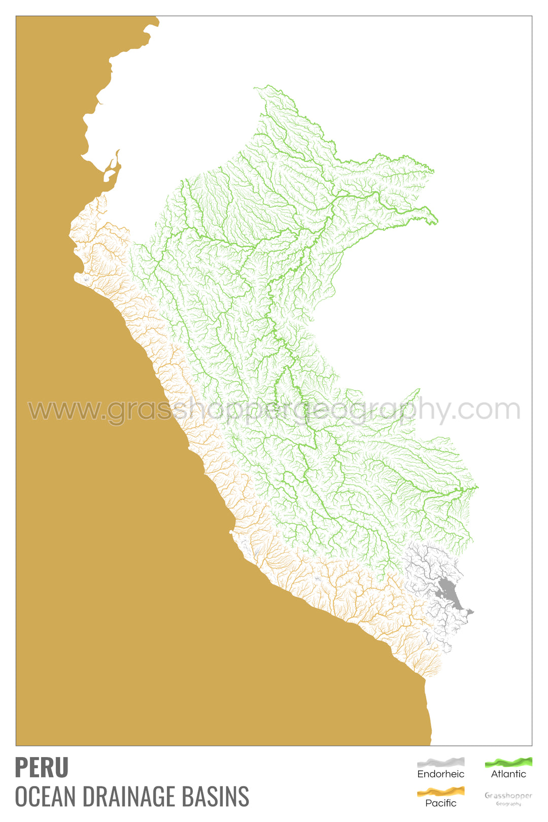 Perú - Mapa de la cuenca hidrográfica del océano, blanco con leyenda v2 - Impresión artística con colgador