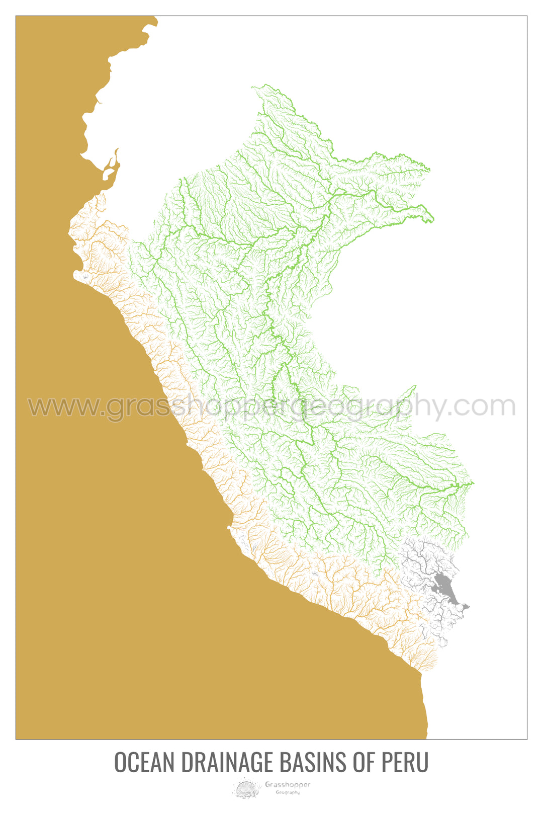 Perú - Mapa de la cuenca hidrográfica del océano, blanco v2 - Impresión artística con colgador