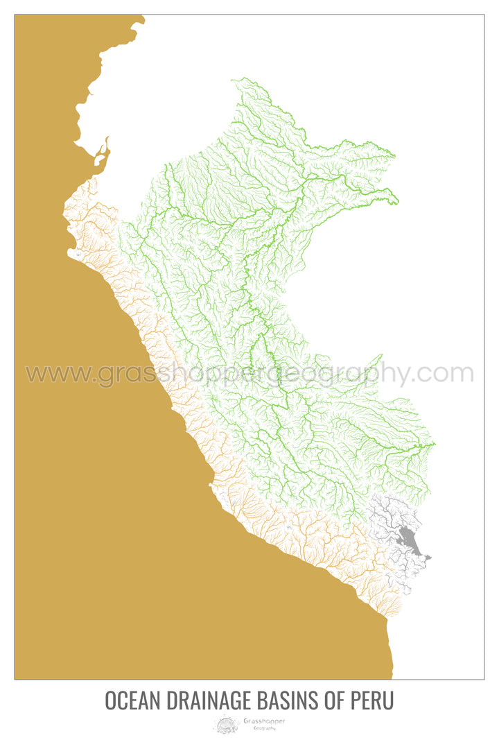 Peru - Ocean drainage basin map, white v2 - Framed Print