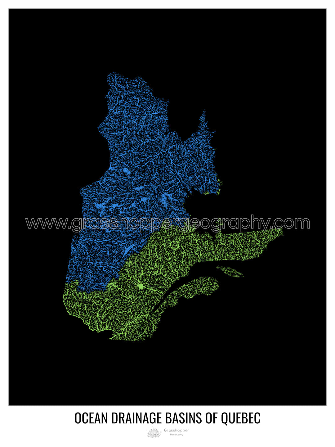 Québec - Carte des bassins versants océaniques, noir v1 - Tirage d'art avec cintre