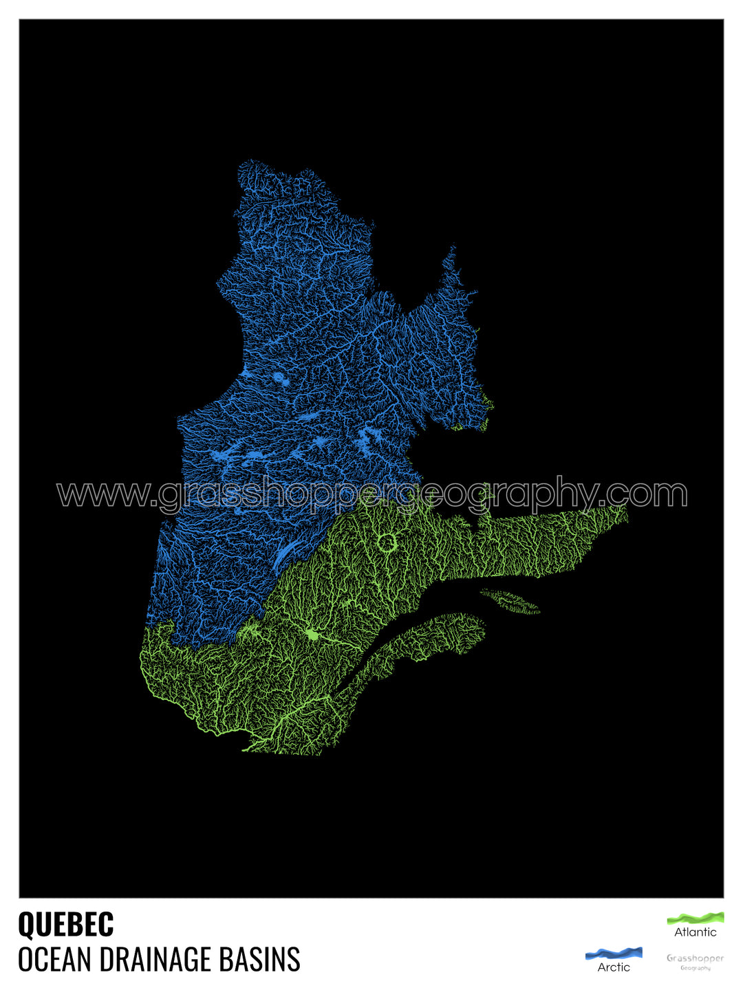Quebec - Mapa de la cuenca hidrográfica del océano, negro con leyenda v1 - Impresión artística con colgador