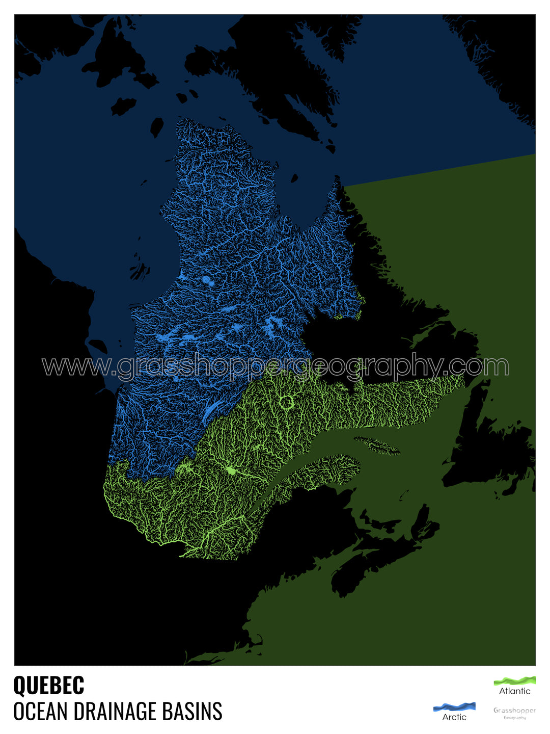 Quebec - Mapa de la cuenca hidrográfica del océano, negro con leyenda v2 - Lámina enmarcada