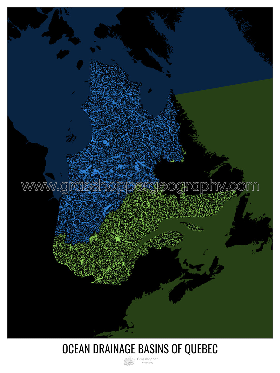 Quebec - Mapa de la cuenca hidrográfica del océano, negro v2 - Impresión artística con colgador