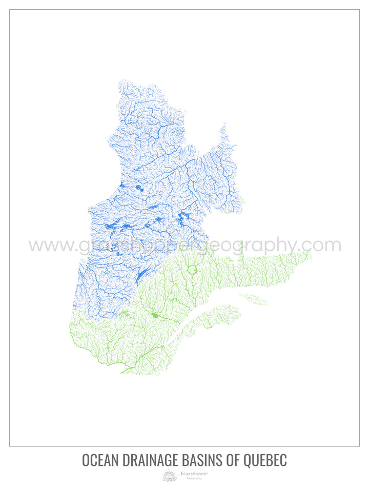 Québec - Carte des bassins versants océaniques, blanc v1 - Impression encadrée